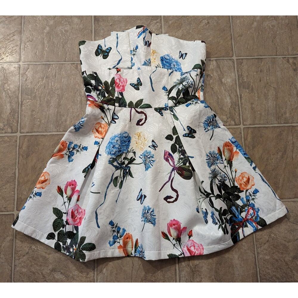 L'ATISTE White Floral Strapless Mini Dress with Multicolor Blooms